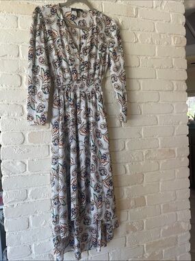 Maje Floral Smocked Waist Midi Maxi Dress Boho Romantic Long Sleeve size 34 XS/S